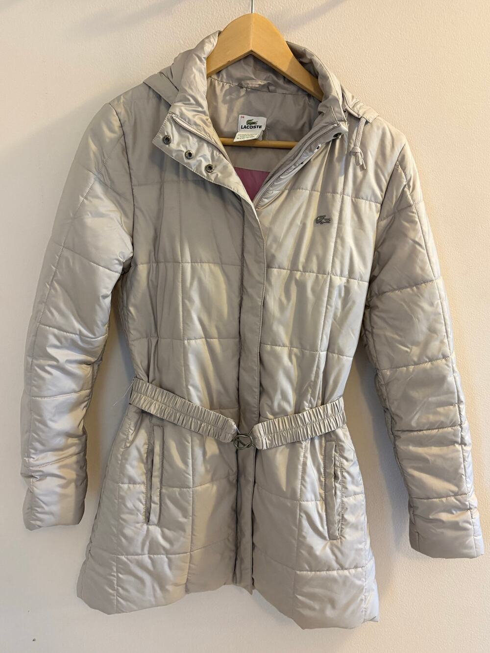 Lacoste Devanlay Belted Hooded Puffer Jacket Silver Gray FR 34 US XS Excellent